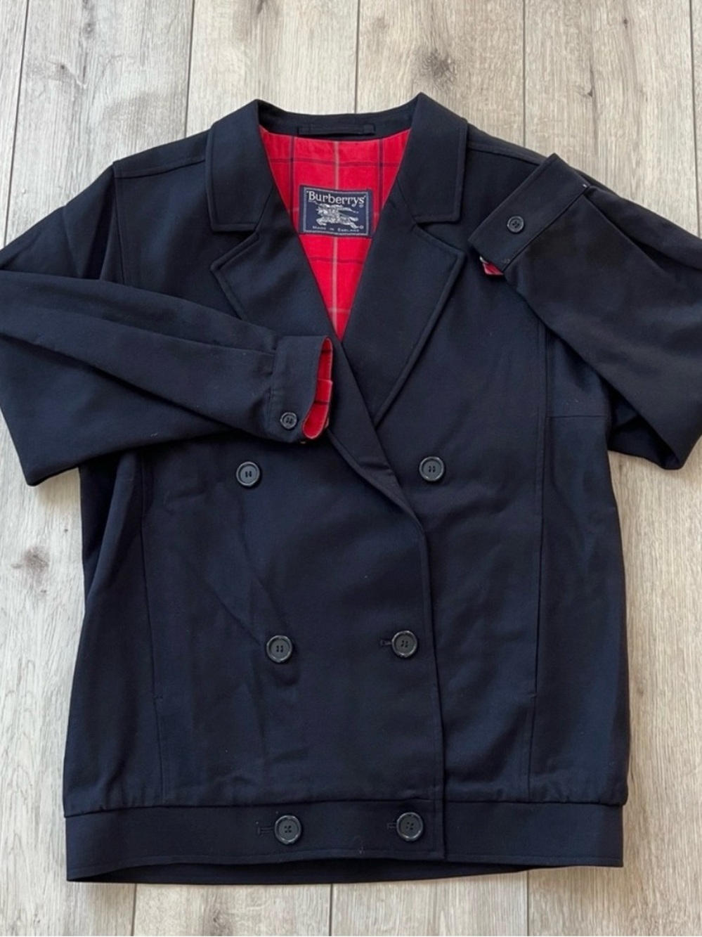 BURBERRY Black Double-Breasted Blazer with Red Plaid Lining